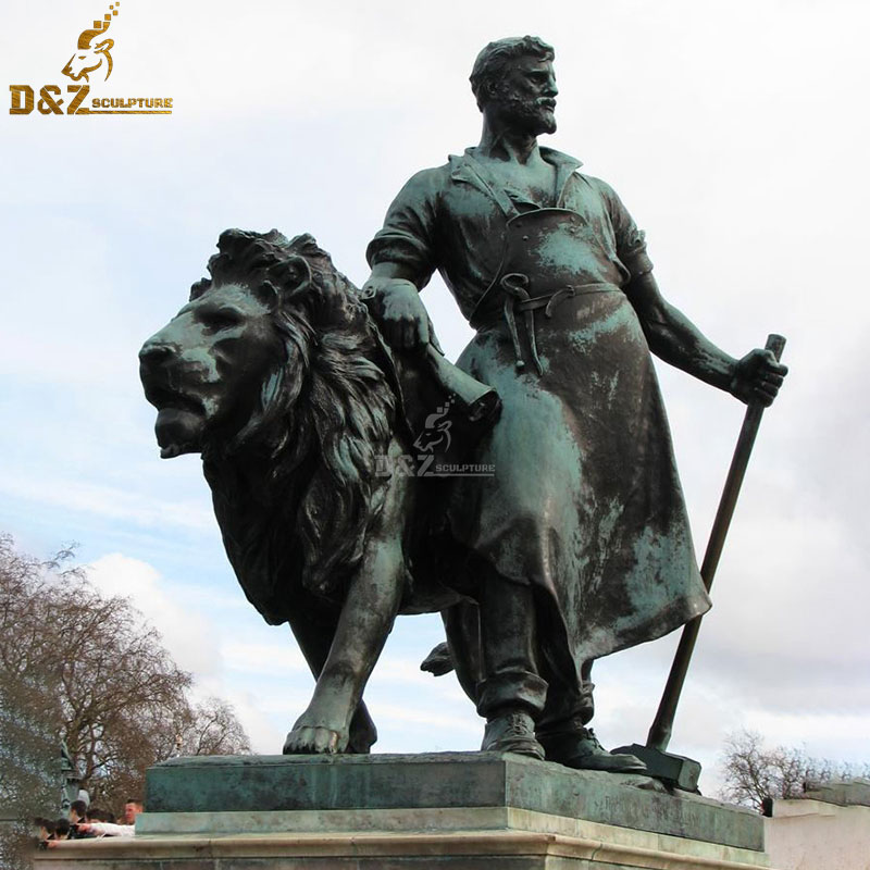 Popular large design brass man with lion sculpture