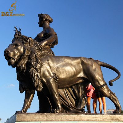 Beautiful outdoor large size metal woman with lion sculpture