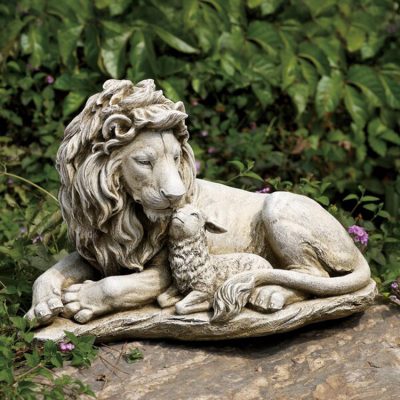 Decotative life size garden school white marble lion and lamb statue DZL-D501