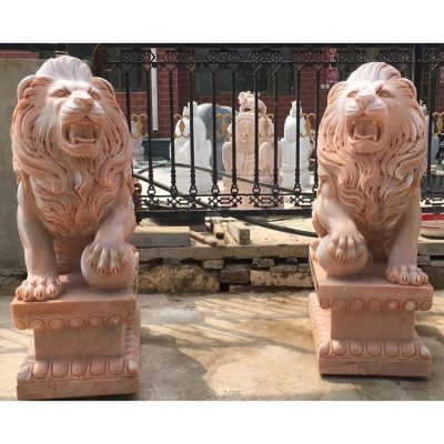 Hand made cloudy rosa marble outdoor decor pair red lion outdoors sculpture for sale DZL-D519