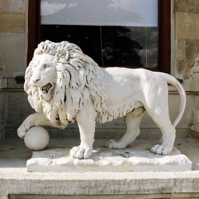 Home decor wholesale exquisite natural stone big lion sculpture with ball DZL-D537